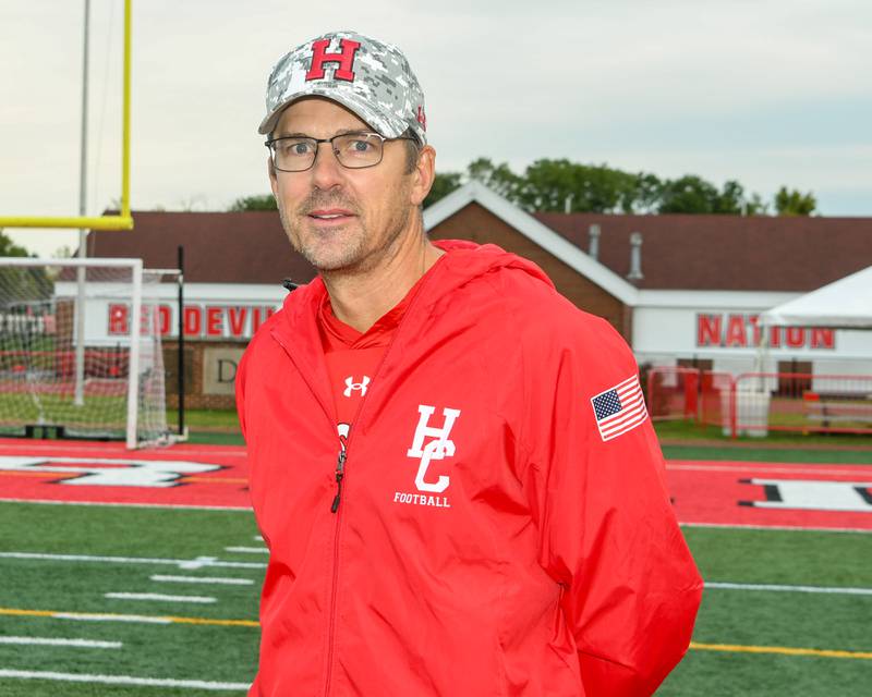 Marine veteran and Hinsdale Central football coach Ken Lager poses for a photo on Wednesday Oct. 15, 2025, at Hinsdale Central's football field.