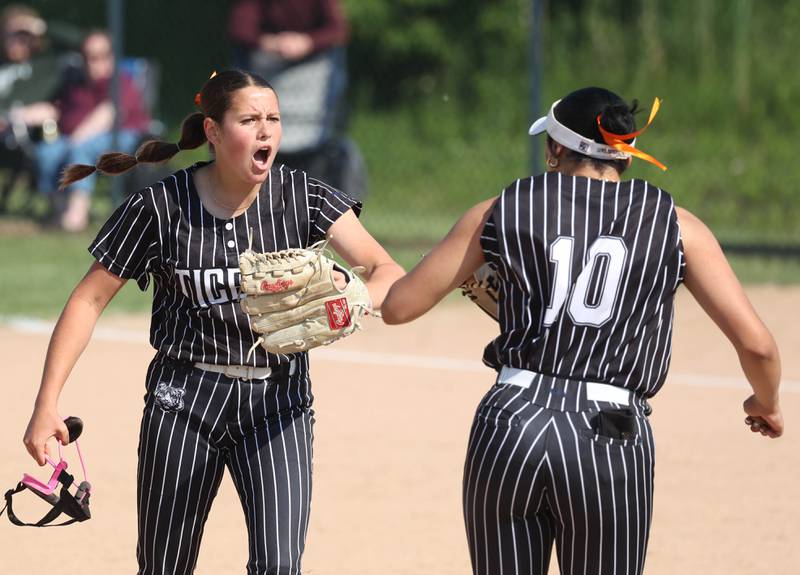 Crystal Lake Central pitcher Oli Victorine is fired up after a strike out Friday, June 6, 2025, during their Class 3A sectional final game against Prairie Ridge at Sycamore High School.