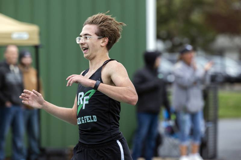 Rock Falls’ Gunnar Damhoff takes the win in the 3200 run Friday, April 25, 2025, during the Rock Falls Rocket Invite.