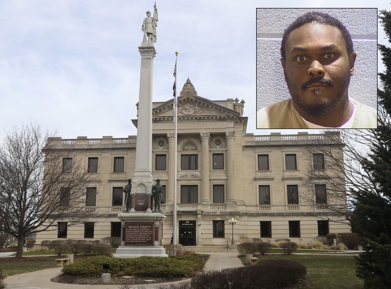 Inset of Nathaniel J. Robinson in front of Daily Chronicle file of the DeKalb County courthouse.