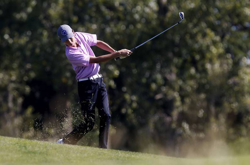 Hampshire’s Riley Kagel hits his fairway shot on the fifth hole during the IHSA Class 3A Dundee-Crown Regional golf tournament on Wednesday, Oct. 2, 2024 at Randall Oaks Golf Club in West Dundee.
