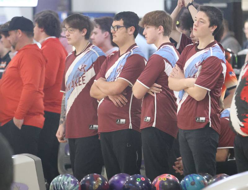 Members of the Kankakee boys bowling team (from left) Zach Wright, Carson Meister, Noah Vining, Max Marshall and Quaid Scheiman gather during the boys bowling regional on Friday, Jan. 16, 2026 at the Illinois Valley Super Bowl in Peru.