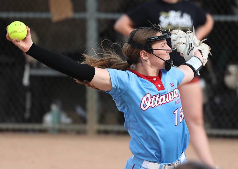 Ottawa's Adelynn Russell delivers a pitch Monday, May 12, 2025, during their game at Sycamore High School.