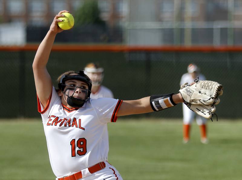 Crystal Lake Central’s Olivia Shaw throws a pitch during a nonconference softball game against Harvard Monday, May 15, 2023, at Crystal Lake Central High School.