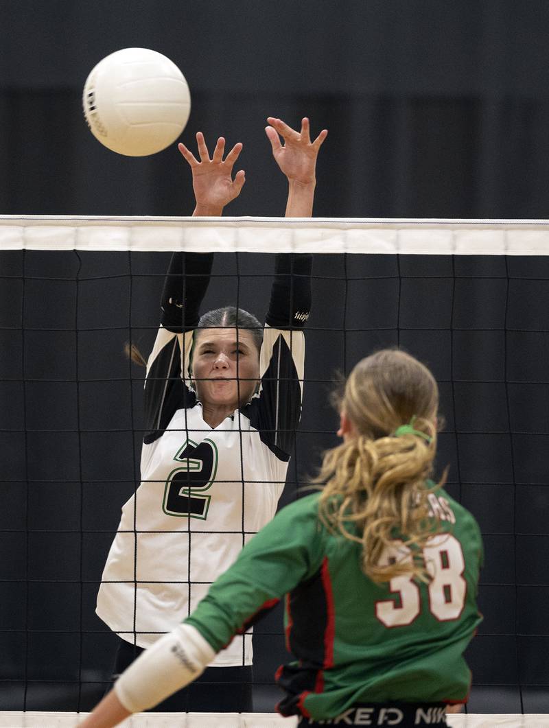 Rock Falls’ Kaltrina Lecaj blocks a shot against Lasalle-Peru’s Aubrey Duttlinger Wednesday, Sept. 4, 2024, at Rock Falls High School.