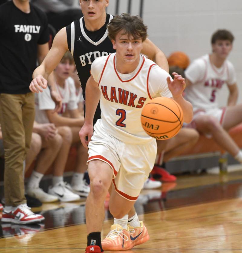 Oregon's Cooper Johnson (2) brings the ball up the court during a Monday, Dec. 15, 2025 game at the 64th Forreston Holiday Tournament at Forreston High School.
