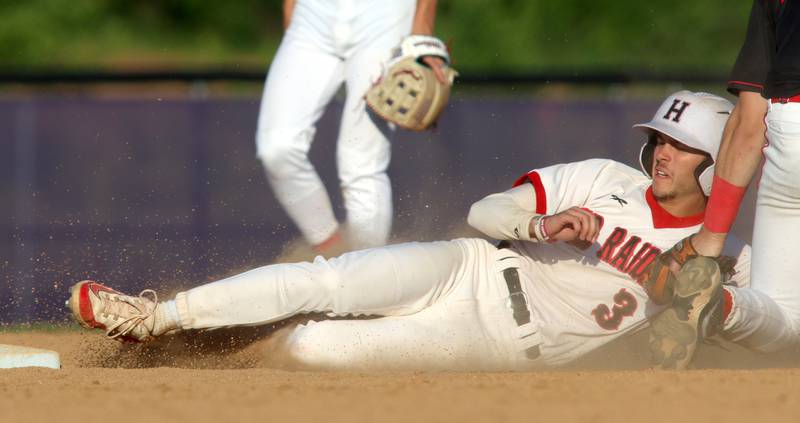 Huntley’s Griffin Goldstein is caught stealing against Barrington in sectional semifinal baseball action at Hampshire Wednesday.
