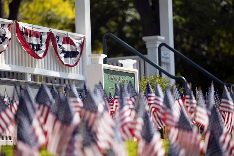2,977 flags have been set up on the lawn of the Ronald Reagan Boyhood Home in Dixon Thursday, Sept. 11, 2025. The Young Americas Foundation has been planting flags in recognition of 9/11 since 2003.