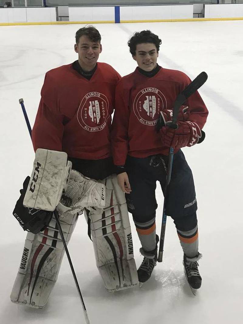 Jake Grabarek (left) and Max Dukovac of the Oswego Hockey Club were selected by the high school head coaches in their league to play in the Illinois High School State game