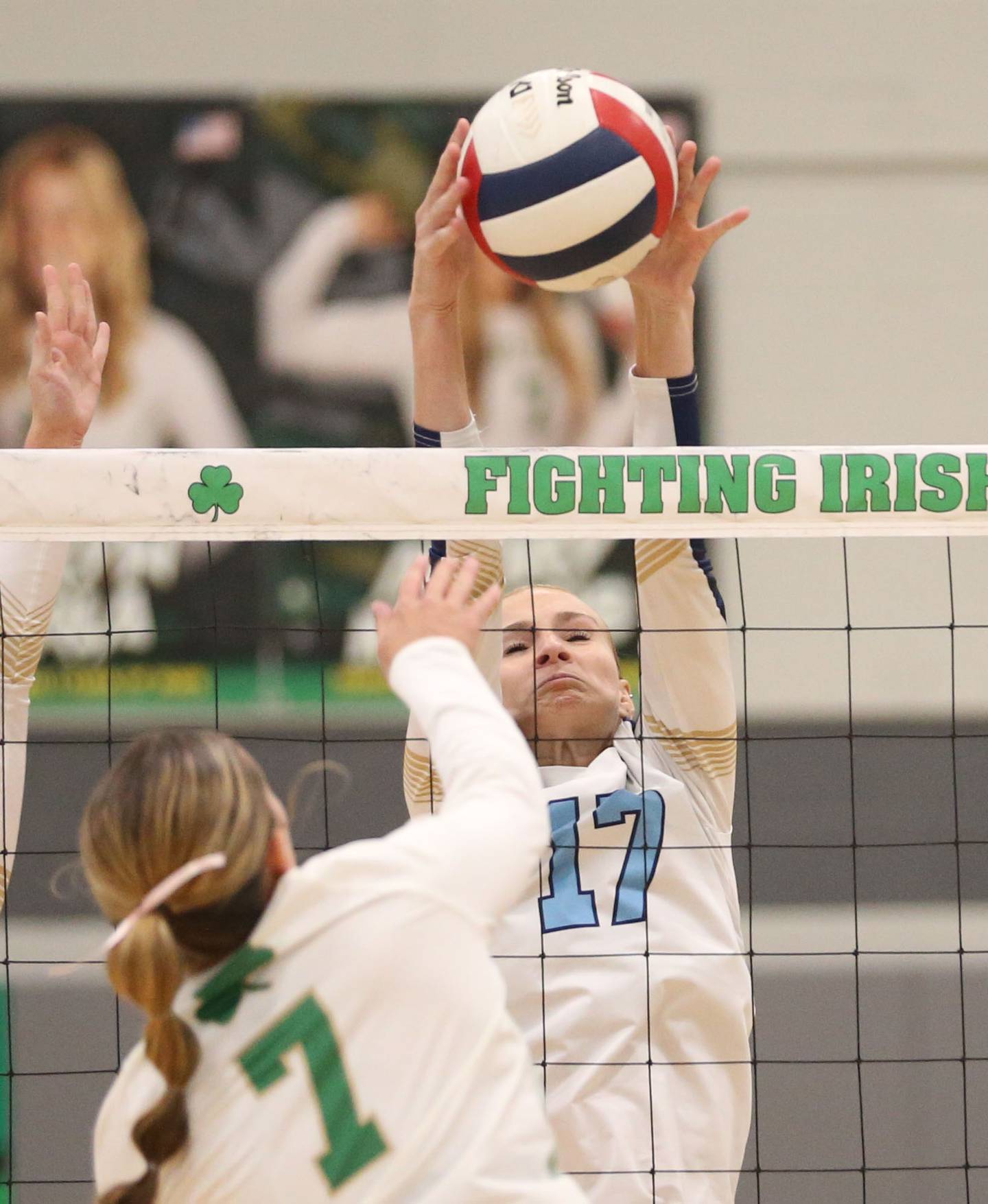 Marquette's Avery Durdan blocks a spike from Seneca's Audry McNabb on Thursday, Sept. 19, 2024 at Seneca High School.