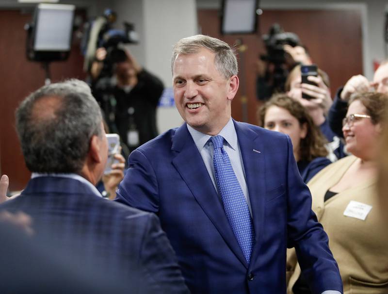 U.S. Rep. Sean Casten celebrates with supporters after defeating Orland Park Mayor Keith Pekau at Chicagoland Laborers' District Council in Burr Ridge, Ill. on Tuesday, Nov. 8, 2022.