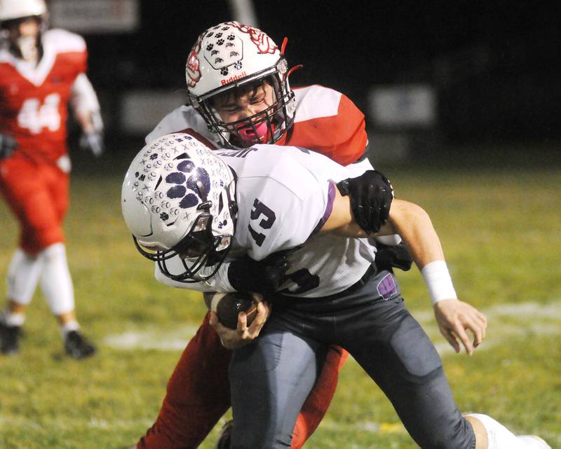 Streator's Zach Schultz takes down Wilmington's Colin James at Doug Dieken Stadium during Week 8 action.