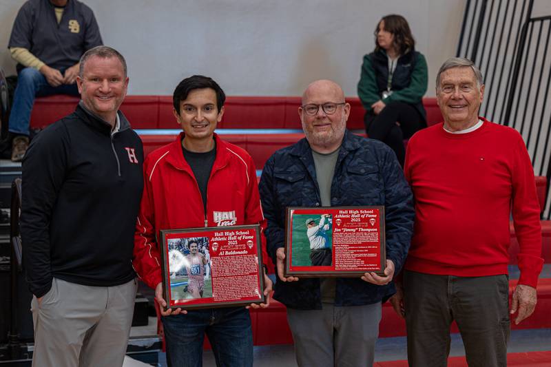 (from left) Tom Keegan, Al Baldonado, Jimmy Thompson and Gary Carruthers pose for photo at the 2026 Hall High School Hall of Fame ceremony on Saturday, January 31, 2026 at Hall High School in Spring Valley.