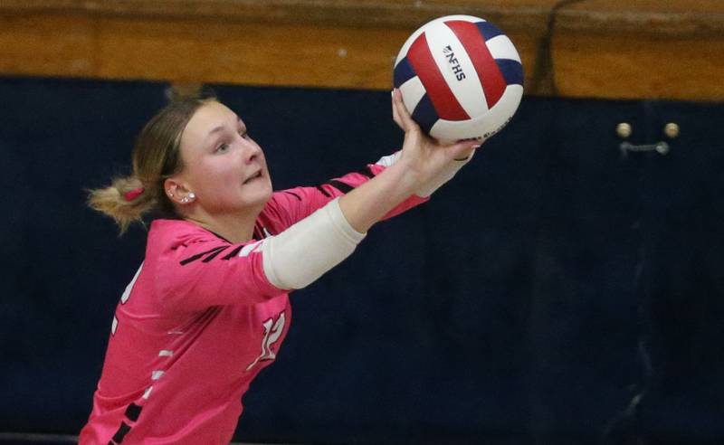 Serena's Brynley Glade returns a serve from Marquette on Wednesday, Oct. 22, 2025 in Bader Gymnasium at Marquette High School.