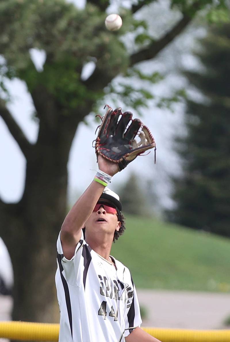 Sycamore's Tommy Townsend makes a catch during their game against Morris Tuesday, May 9, 2023, at the Sycamore Community Sports Complex.