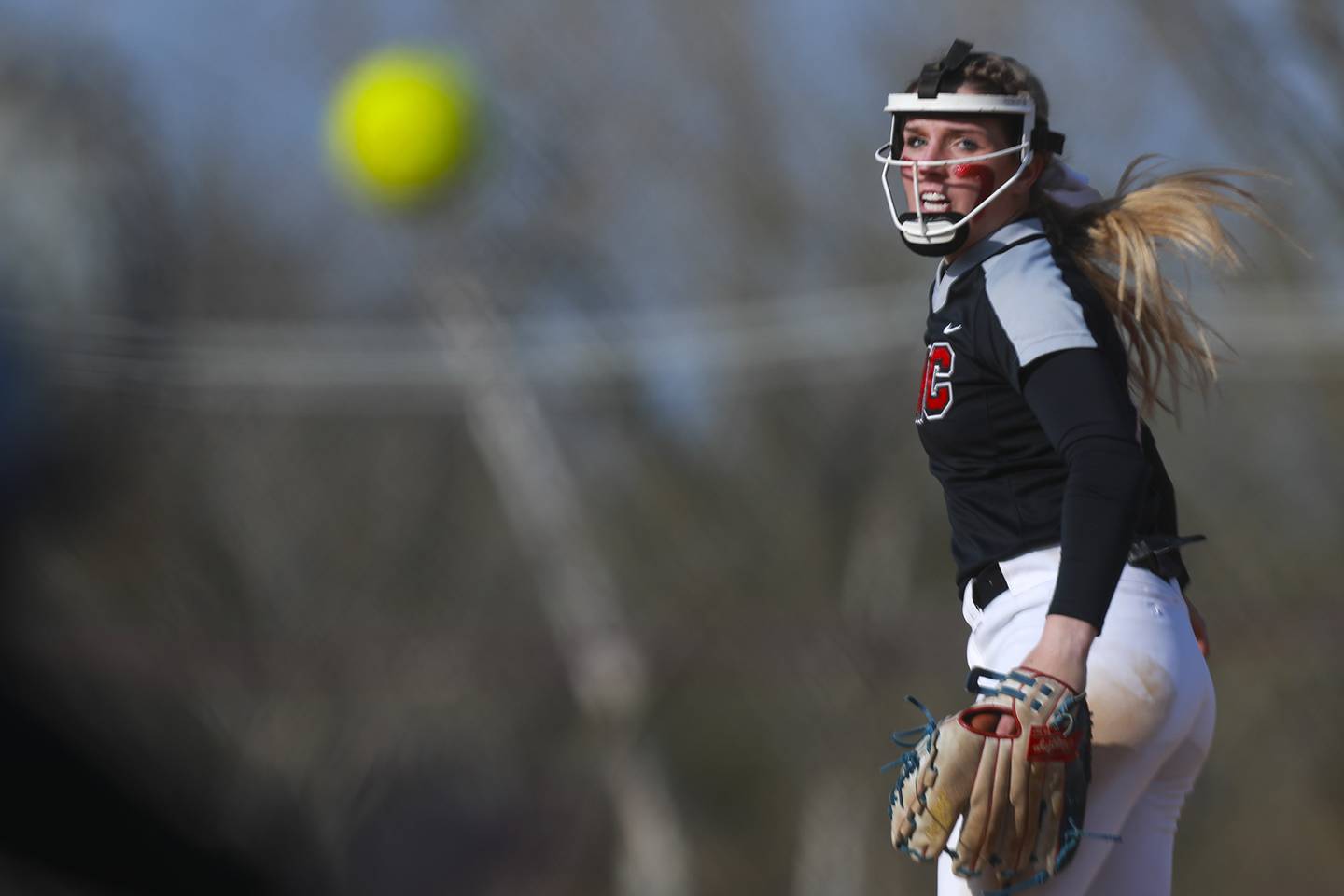 Lincoln-Way Central pitcher Lyndsey Grein delivers a strike on Thursday, April 22, 2021, at Lincoln-Way Central High School in New Lenox, Ill.