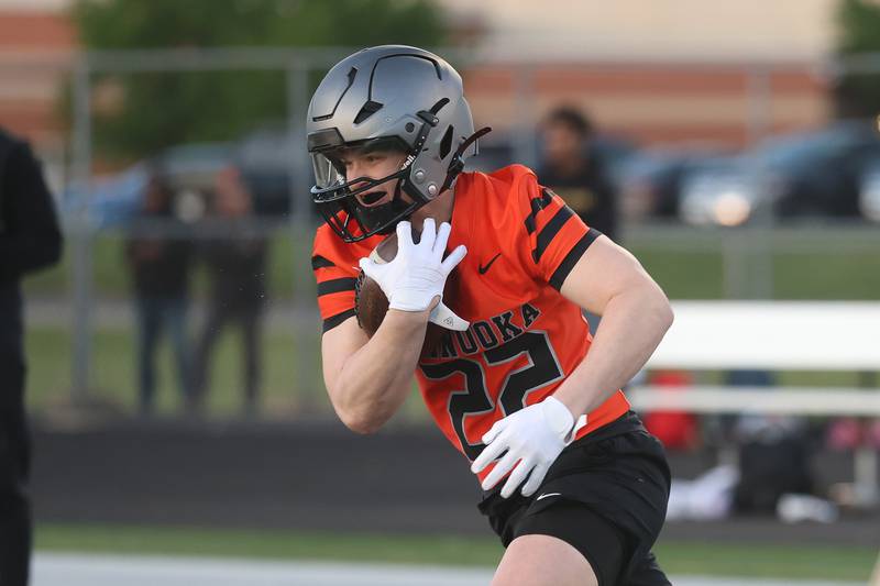 Minooka’s Quinn Schiffbauer runs an offensive drill at the IHSA Southwest Suburb Showcase combine on Thursday, May 7, 2026 at Plainfield North High School.
