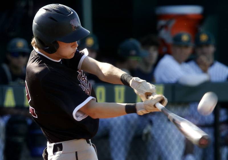 Prairie Ridge's Colt Zaleski hits a single during a Fox Valley Conference baseball game against Crystal Lake South on Friday, May 15, 2026, at Crystal Lake South High School.