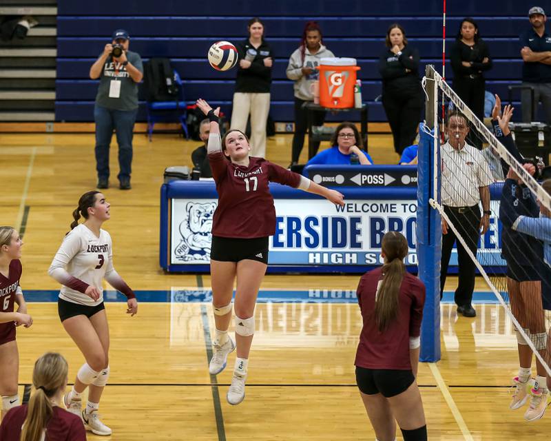 Lockport's Bridget Ferriter (17) tips the ball during Class 4A Riverside-Brookfield Supersectional match between Lockport at Downers Grove South.  Nov 11, 2024  in Riverside.
