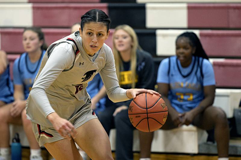 Sauk Valley College’s Harvest Day drives to the hoop against Rock Valley Tuesday, Nov. 21, 2023 at SVCC.