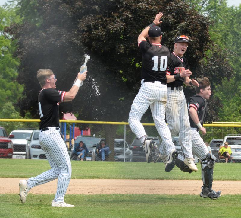 The Steamers celebrate in centerfield after making the last out against River Ridge/Scales Mound's to win the 1A Lena-Winslow Sectional 3-2 on Saturday, May 31, 2025.