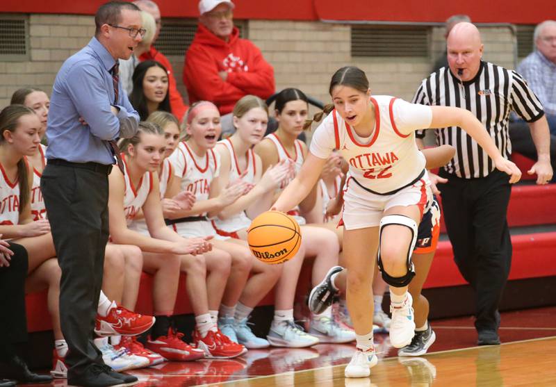 Ottawa's Marlie Orlandi stays in bounce as she zooms down the court against Pontiac during the Ottawa Girls Holiday Tournament on Monday, Dec. 16, 2024 in Kingman Gym at Ottawa High School.