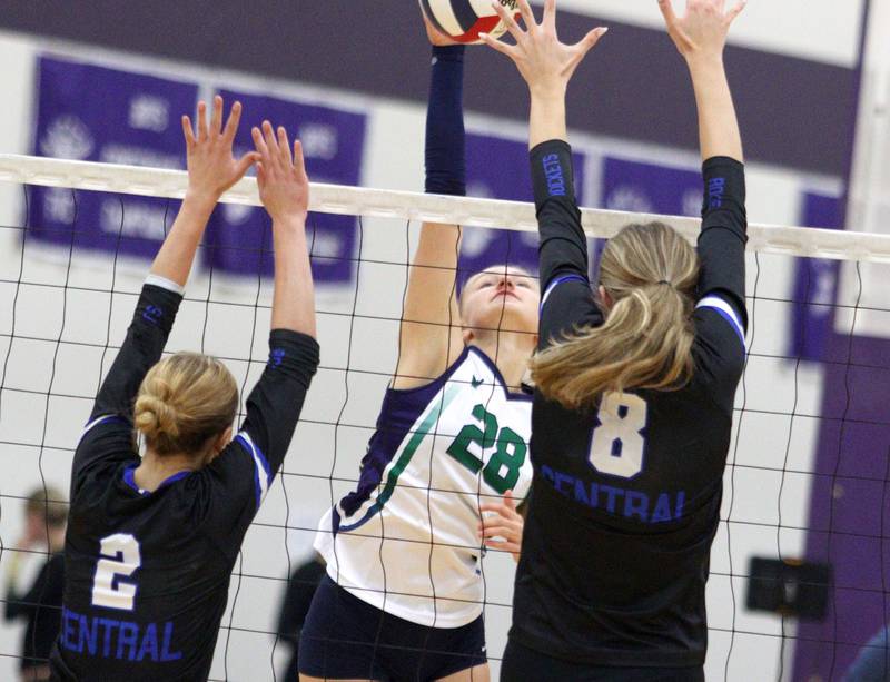 Bartlett’s Neda Bazys sends the ball over the net against Burlington Central in varsity volleyball tournament action on Saturday, Sept. 21, 2024, at Hampshire High School in Hampshire.