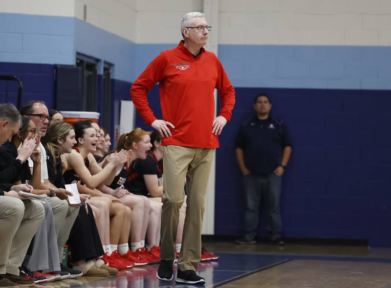 Benet head coach Joe Kilbride watches the action during a girls varsity basketball game between Benet and Nazareth academies on Saturday, Dec. 14, 2024 in La Grange Park.