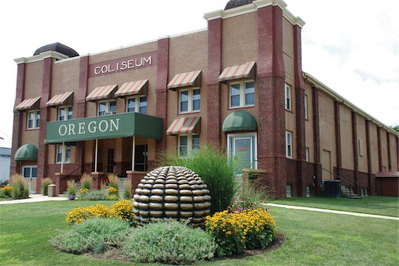 The Oregon Coliseum is located on the corner of N. Fourth Street (Illinois 2) and Franklin Street in downtown Oregon.