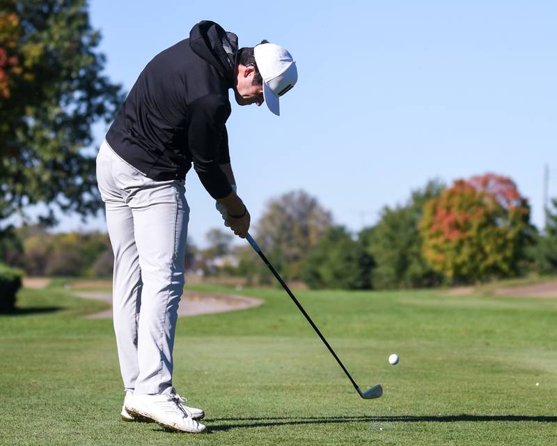 Wheaton Warrenville South's Callan Fahey tees off on Monday Oct. 7, 2024, during the 3A sectional match held at Blackberry Oaks Golf Course in Bristol.