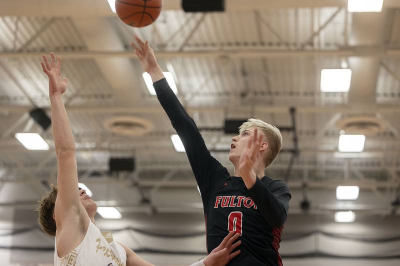 Fulton’s Baylen Damhoff puts up a shot against Pecatonica Tuesday, Feb. 28, 2023 in the Eastland 1A sectional semifinal.