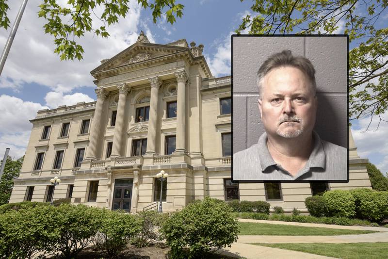 James E. Pavlat, 55, of the 100 block of East Lincoln Highway, Waterman, was charged Sept. 7, 2023 with six counts of class 2 child pornography and one count of class 3 child pornography after a months-long investigation by the DeKalb County Sheriff’s Office, according to court records. (Inset photo provided by DeKalb County Jail)