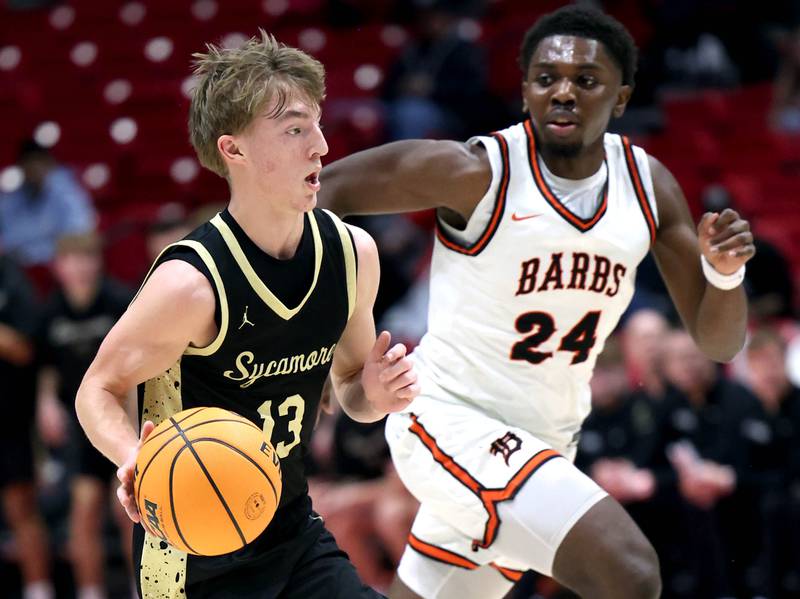 Sycamore's Xander Lewis pushes the ball up court in front of DeKalb's Myles Newman Friday, Jan. 30, 2026, during the FNBO Challenge at the Convocation Center at Northern Illinois University in DeKalb.