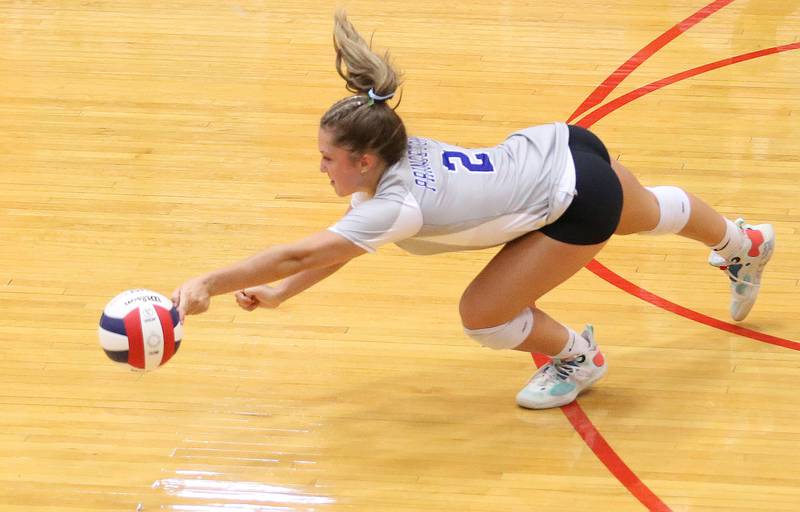 Princeton's Libero Miyah Fox dives and misses the ball against L-P on Tuesday, Aug. 22, 2023 in Sellett Gymnasium.