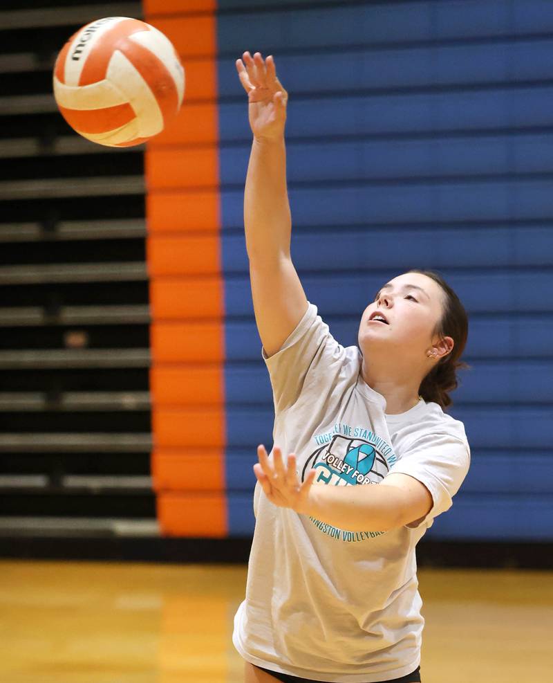 Genoa-Kingston’s Brooklyn Ristau hits the ball Thursday, Aug. 1, 2024, during practice at the school in Genoa.