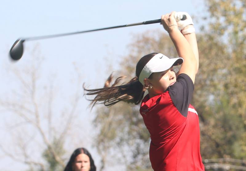 Earlville's Rylee Hill tees off during the Class 1A Regionals on Tuesday, Sept. 30, 2025 at Spring Creek Golf Course in Spring Valley.