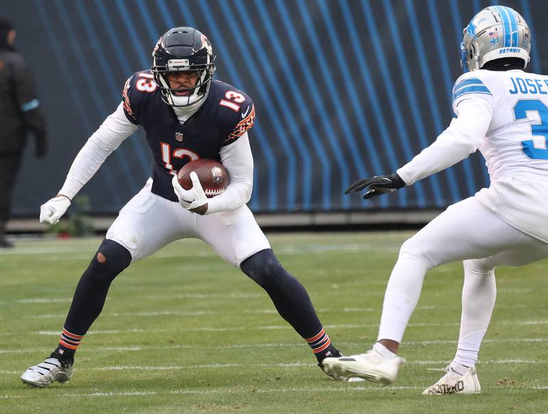 Chicago Bears wide receiver Keenan Allen looks to get by Detroit Lions safety Kerby Joseph during their game Sunday, Dec. 22, 2024, at Soldier Field in Chicago.
