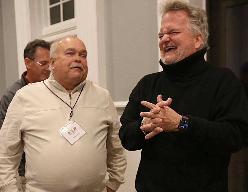 WLPO personalities Rick Sipovic and Tom Henson share a laugh during the WLPO 75th Anniversary party on Wednesday, Nov. 16, 2022 at Senicas Oak Ridge in La Salle.