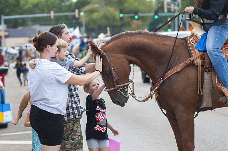 People in the crowd pet a horse that was trotting through the Fiesta Parade on Saturday.