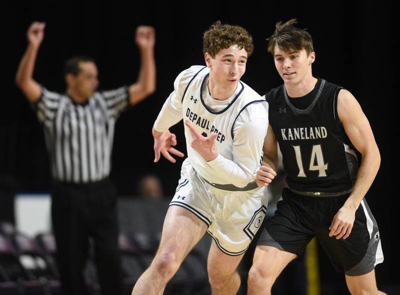 DePaul College Prep's Gus Donohue celebrates a three-point shot in front of Kaneland’s Preston Popovich during the Class 3A boys supersectional at NOW Arena on Monday, March 10, 2025 in Hoffman Estates.