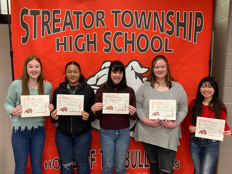 Streator High School honored its students of the month for December 2022 on Tuesday, Dec. 20, 2022. They are (left to right) Iris England (English/Foreign Language Department); Jade Williams (Career and Technical Ed Department); Jotie Sliker (Math Department); McKenzie Bruce (Fine Arts/Social Studies Department) and Danielle Giacinto (Science Department). Not pictured: Paulina Martinez (English/Foreighn Language Department); Garritt Benstine (Fine Arts/Social Studies Department); Illiana Gomez (Guided Program for Success Department); Kevin Rodriguez (Health & Fitness/P.E./Drivers Ed Department) and Kirra Quick (Student Services Department).