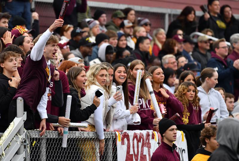 Montini student fans cheer on the Broncos during a Class 3A second-round game against Byron on November 9, 2024 at Montini Catholic High School in Lombard.