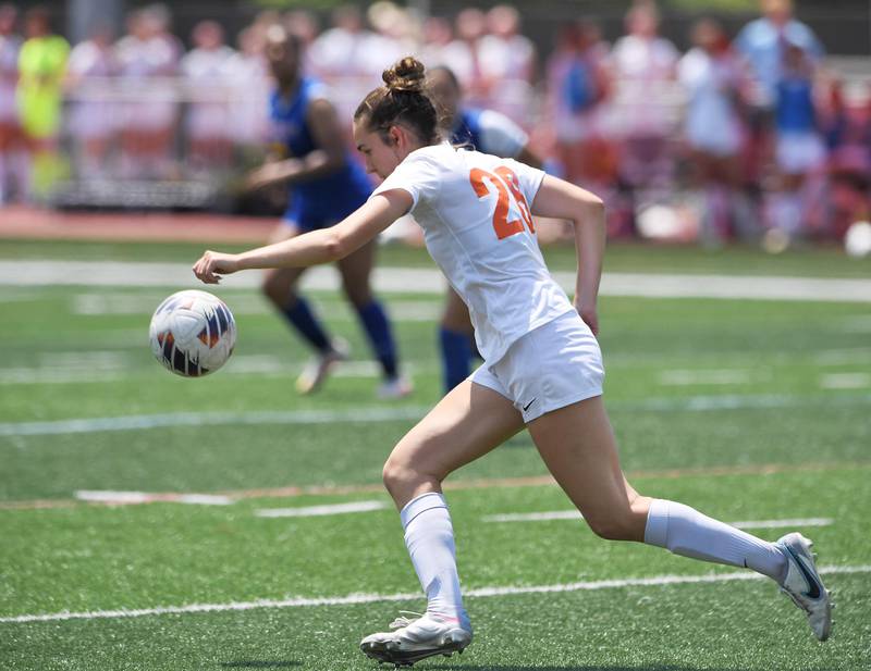 Crystal Lake Central’s Olivia Madalinski controls the ball against De La Salle in the IHSA girls Class 2A third-place soccer game at North Central College in Naperville on Saturday, June 3, 2023.