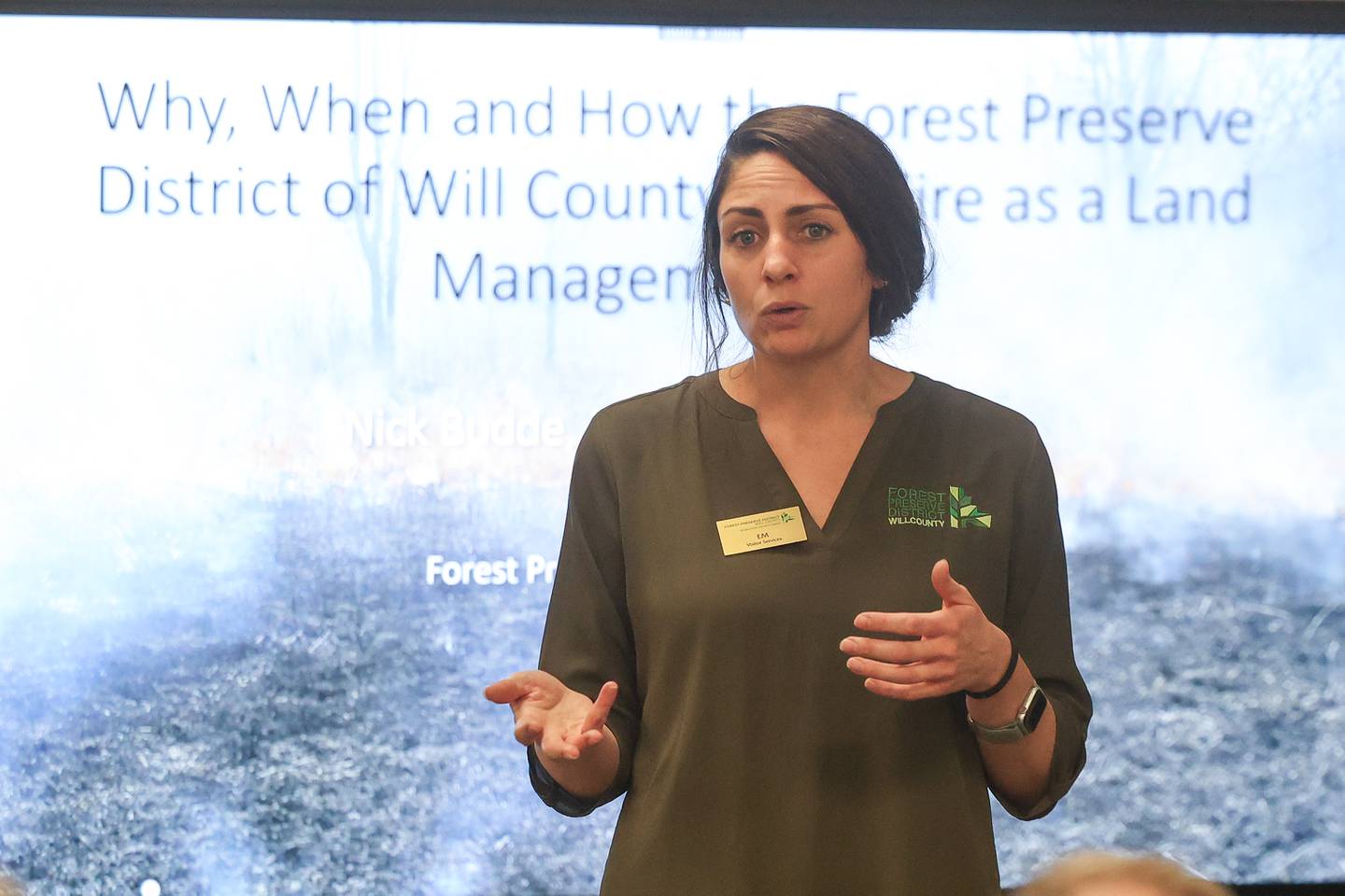 Forest Preserve District Will County Recreation Coordinator Em Wilcher speaks during an educational event on controlled burns at Sugar Creek Administration Center in Joliet on Thursday, Jan 30, 2025.