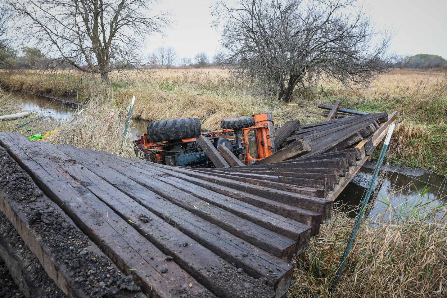 A Woodstock area man suffered hypothermia and other injuries when the bridge he was crossing on a tractor collapsed, pinning him in the water for as long as 30 minutes on Sunday, Nov. 3, 2024.