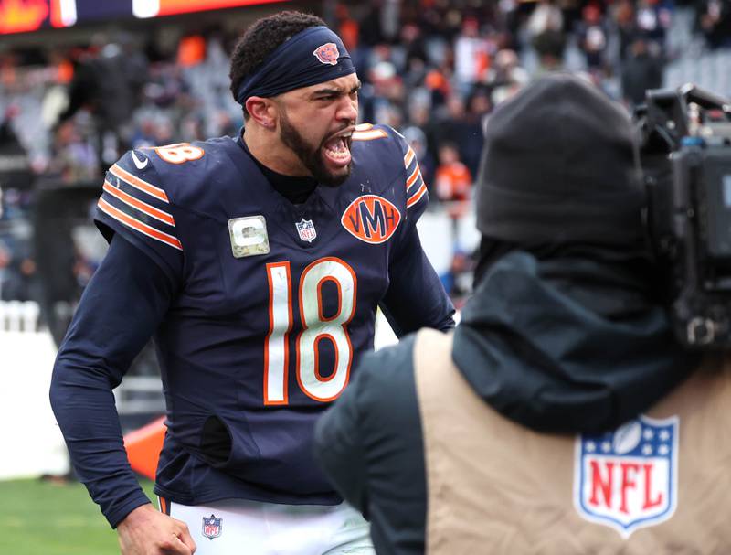 Chicago Bears quarterback Caleb Williams celebrates Sunday, Nov. 9, 2025, after their 24-20 win over the New York Giants at Soldier Field in Chicago.