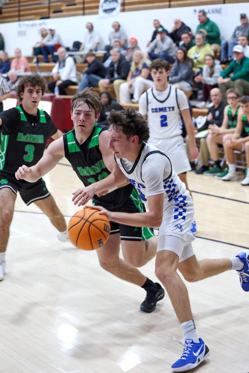Clifton Central's Derek Meier drives to the lane against Bishop McNamara's Teddy Fogel during the Fightin' Irish's 62-41 victory in the Watseka Holiday Tournament championship on Tuesday, Dec. 16, 2025.