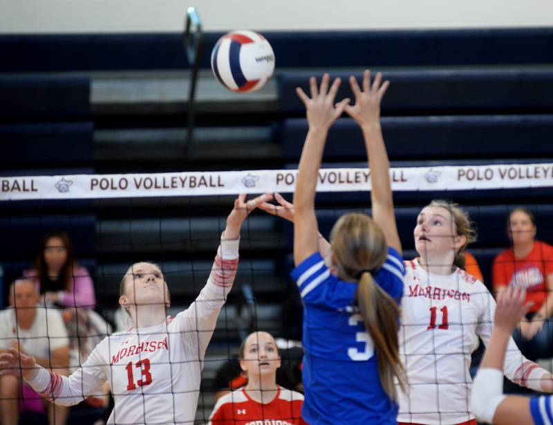 Morrison's Halle Schaefer (13) and Elle Milnes (11) make a play at the net against Galena's JV team at the Polo Invite on Saturday, Sept. 27, 2025.