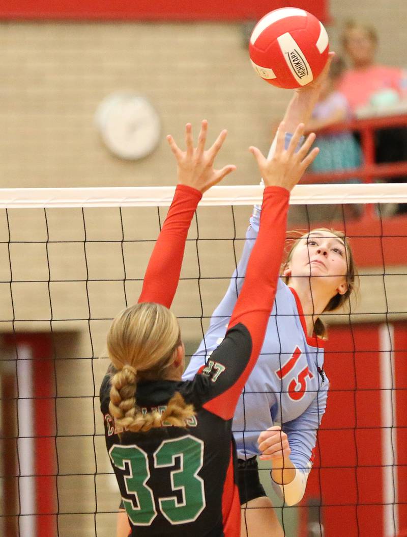 Ottawa's Addison Duggan sends a spike past L-P's Kelsey Fredrick on Thursday, Sept. 21, 2023 at Kingman Gym.