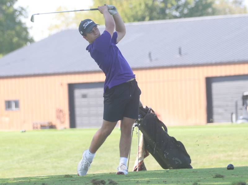 Dixon's Gunner Kastner tees off during the Pirate Invitational on Monday, Sept. 15, 2025 at Deer Park Golf Club in Oglesby.